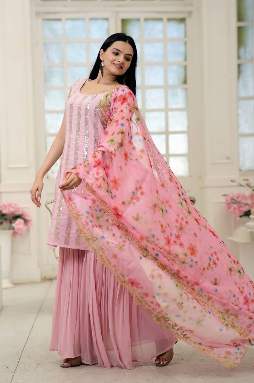 Light Pink Color Sequence Work Decent Sharara Suit