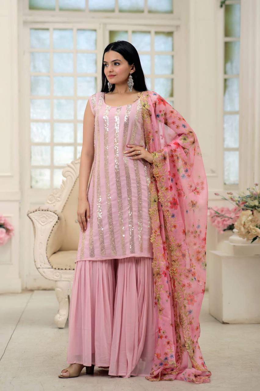 Light Pink Color Sequence Work Decent Sharara Suit