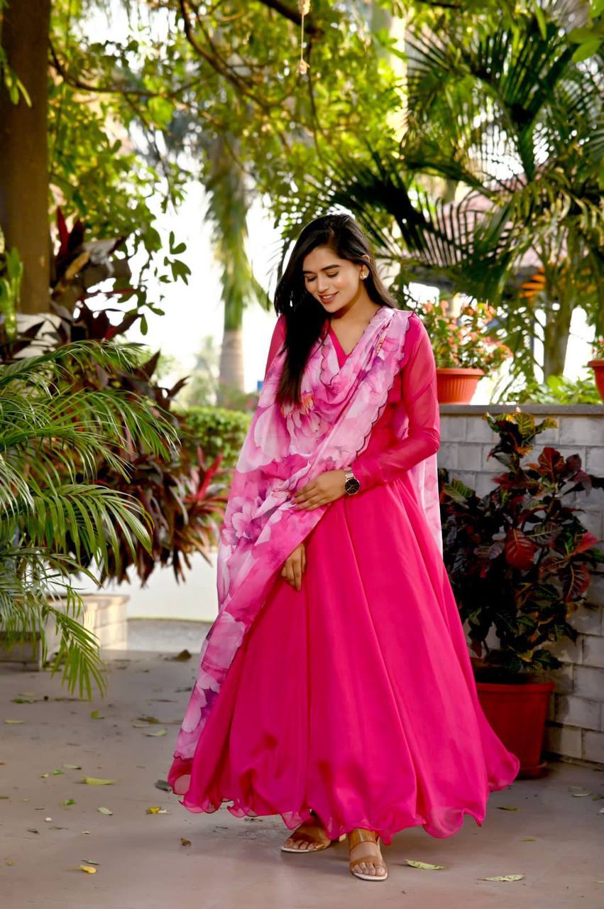 open lace back dress Merlot Georgette Fabric Pink Color Floral Printed Readymade Gown – Simple  Sarees main image 0