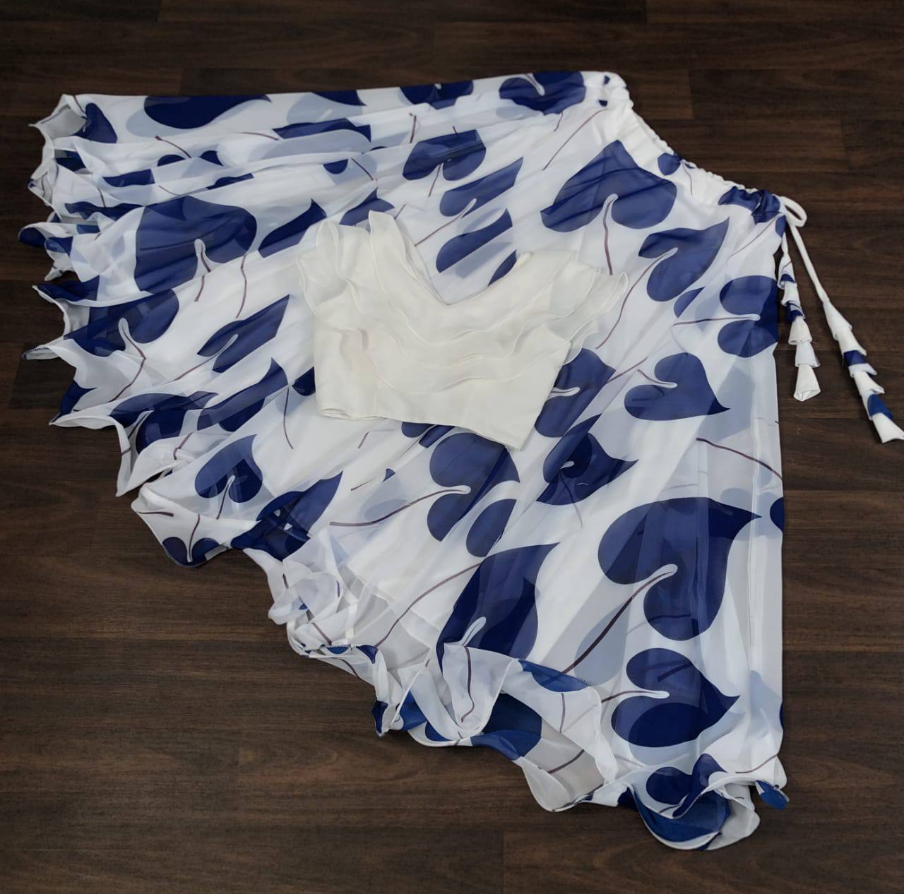 Big Leaf Blue Color Digital Print Crop Top Lehenga