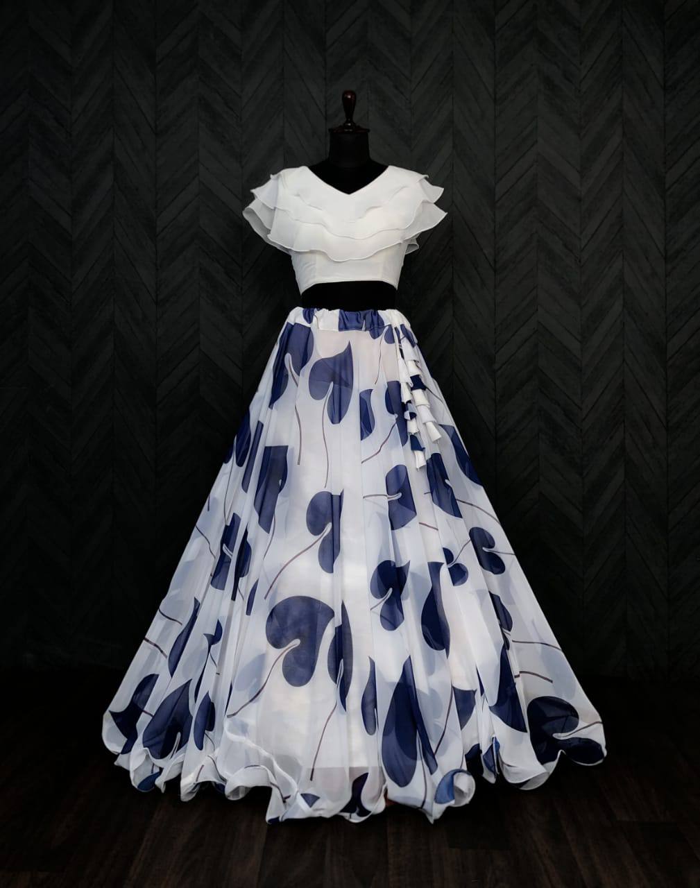 Big Leaf Blue Color Digital Print Crop Top Lehenga