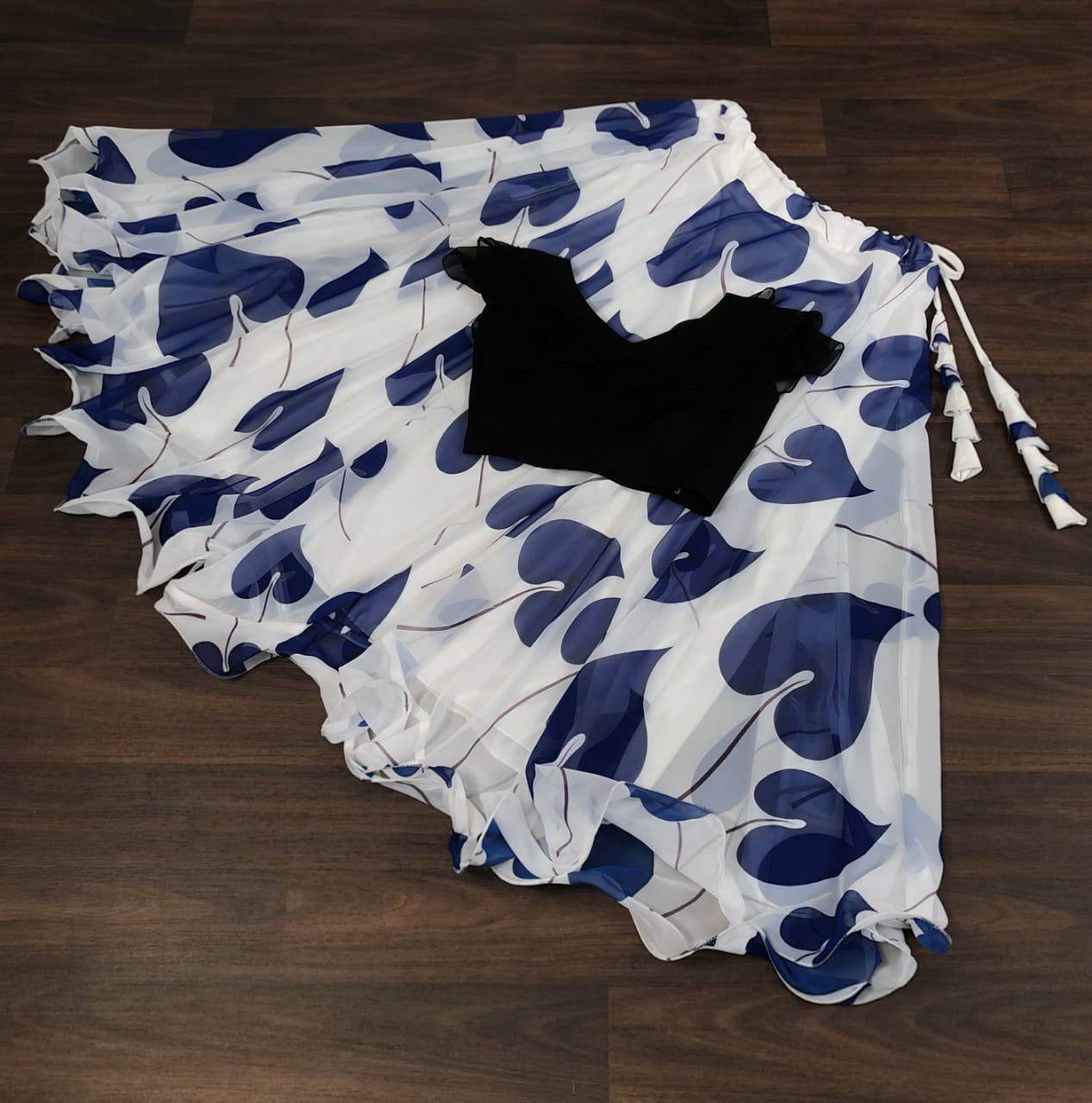 Big Leaf Blue Color Digital Print Crop Top Lehenga