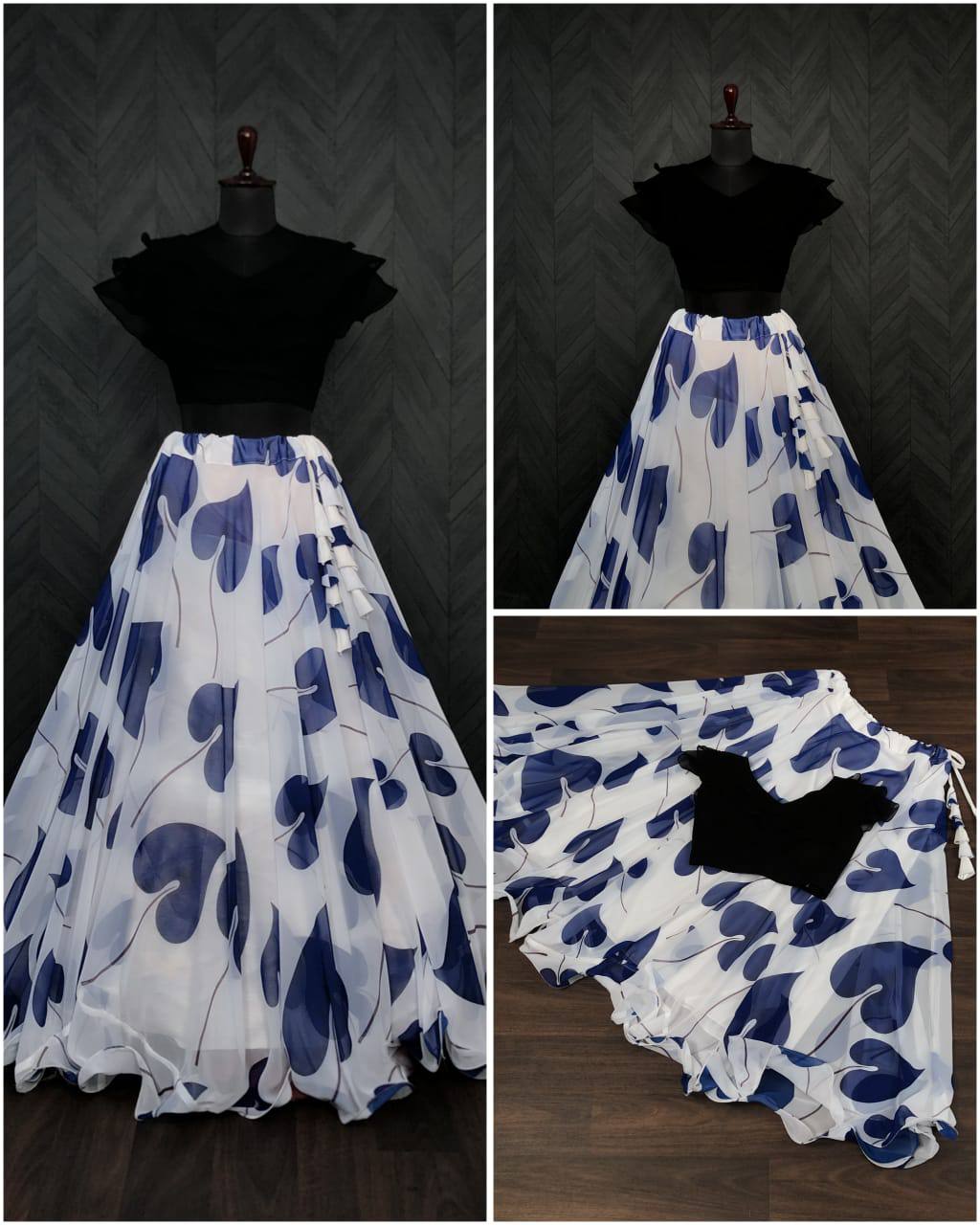 Big Leaf Blue Color Digital Print Crop Top Lehenga