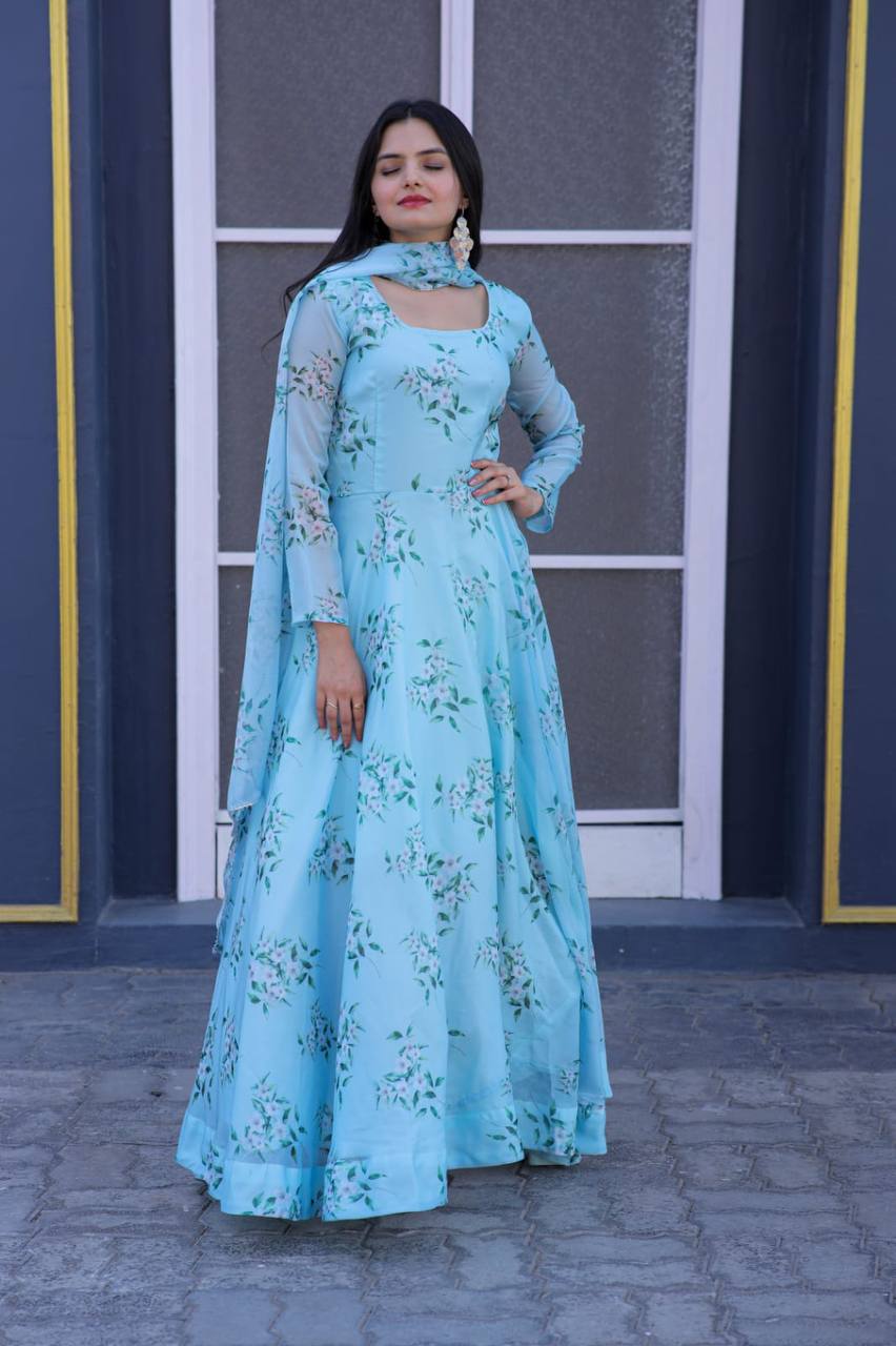 Flattering Sky Blue Color Flower Print Gown  Vastra Shop