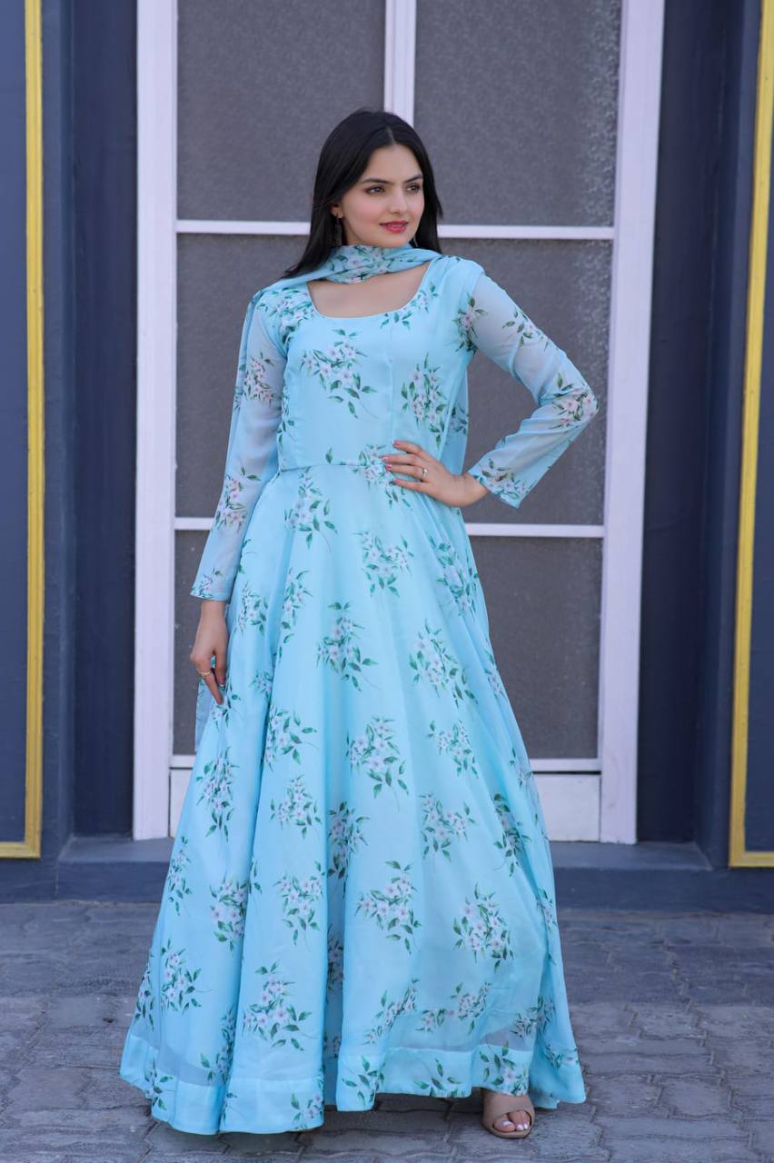 blue umbrella dress Graceful Sky Blue Striped Anarkali – Umbrella Style Frock – Bhavana  Handlooms main image 1