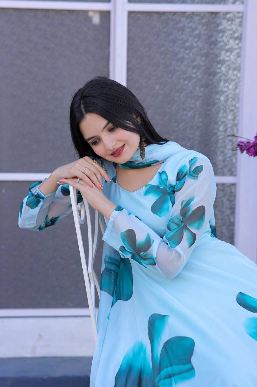 Good Looking Sky Blue Color Printed Gown Vastra Shop Good Looking Sky Blue Color Printed Gown Vastra Shop