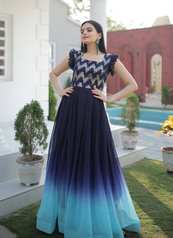 Blue Color Shaded Sequence Embroidered Work Gown