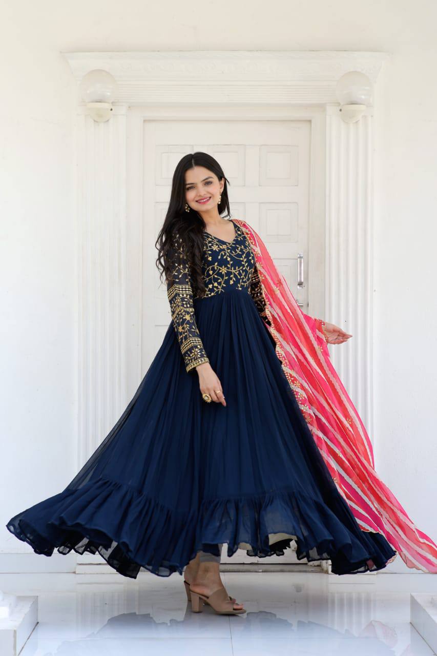 navy blue dress with dupatta Navy Blue Georgette Thread Work Party Wear Gown With Dupatta