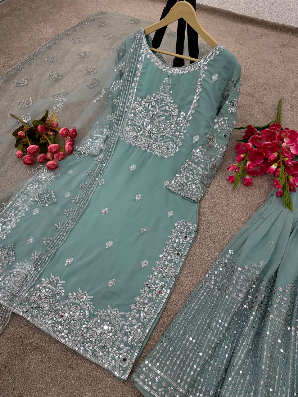 Fabulous Pista Green Color Work Sharara Suit