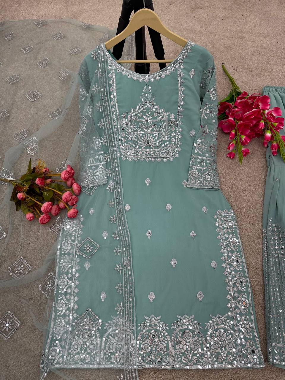 Fabulous Pista Green Color Work Sharara Suit