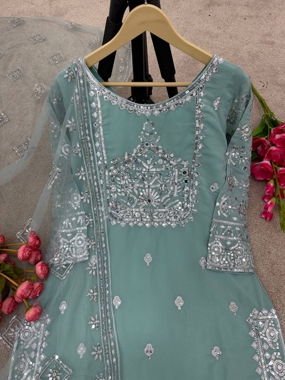 Fabulous Pista Green Color Work Sharara Suit