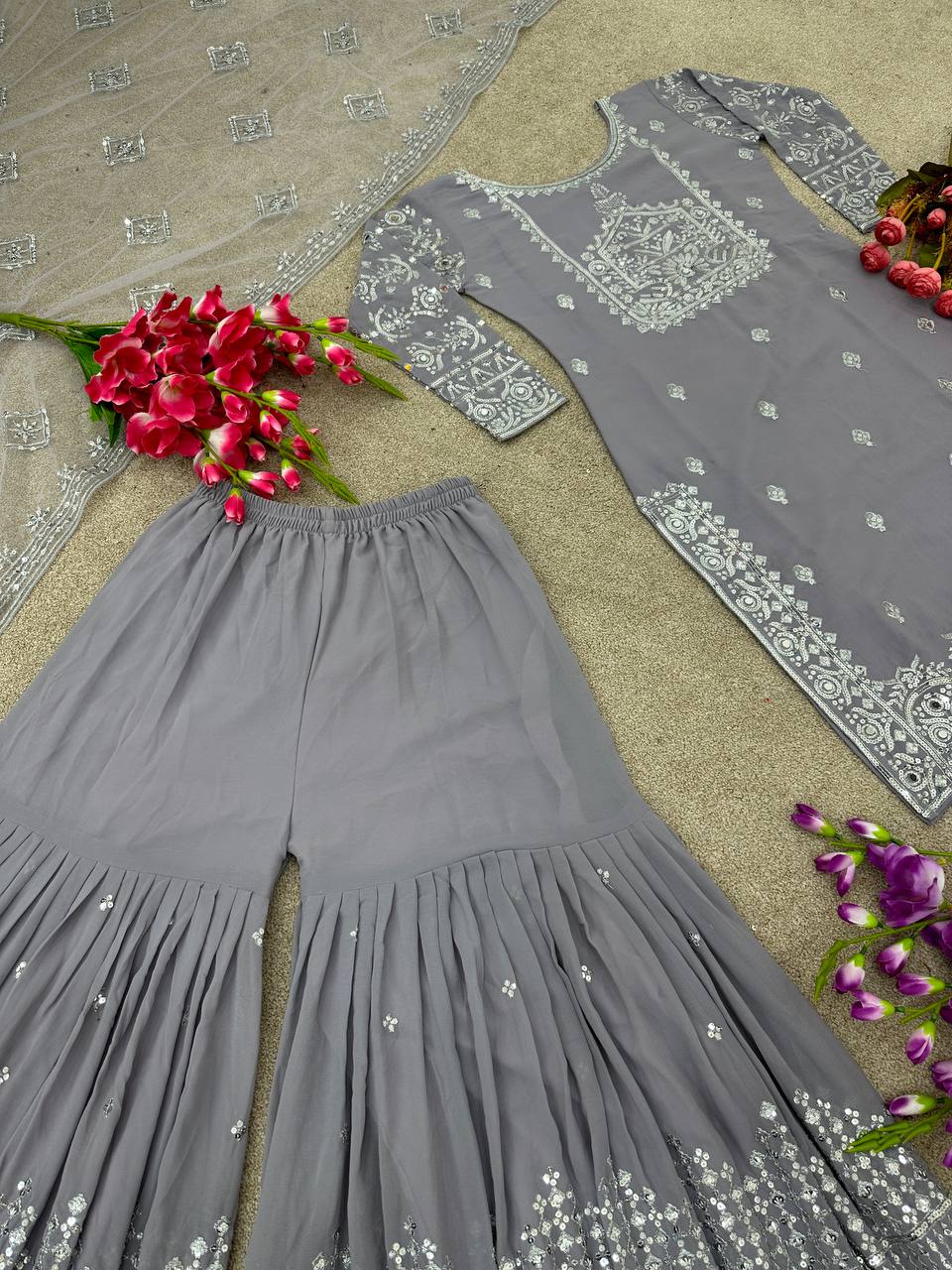 Fabulous Grey Color Work Sharara Suit