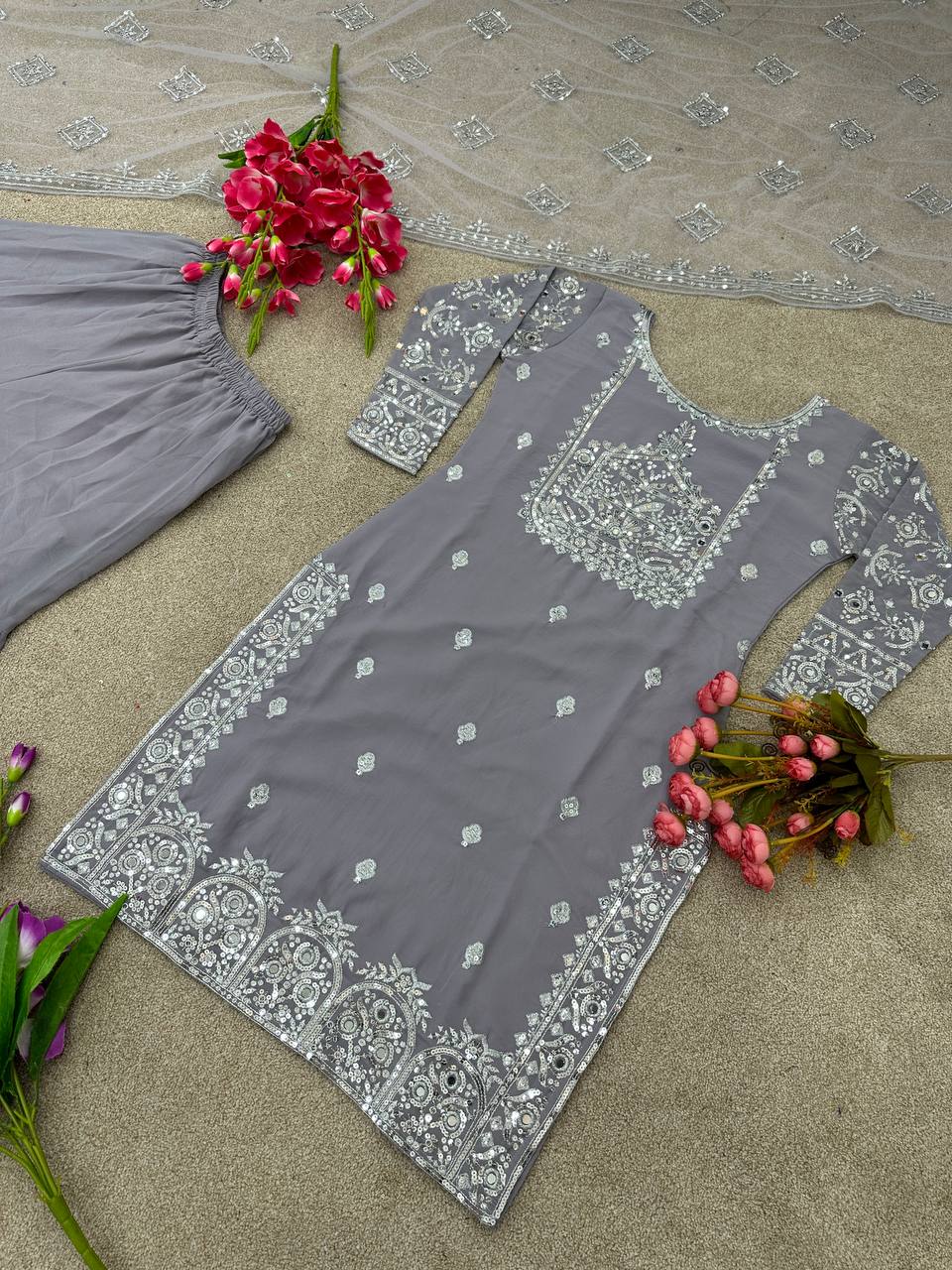 Fabulous Grey Color Work Sharara Suit