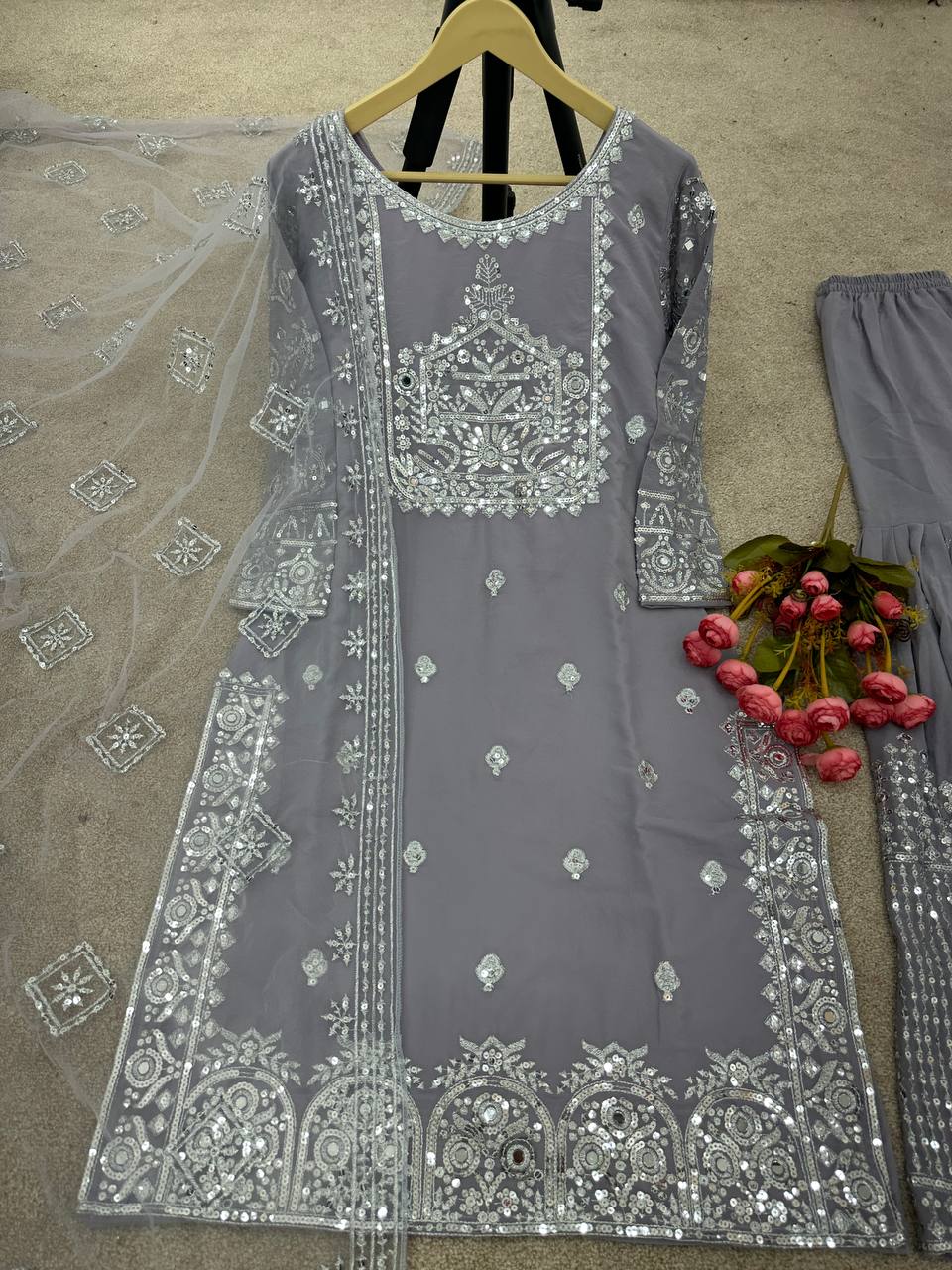 Fabulous Grey Color Work Sharara Suit