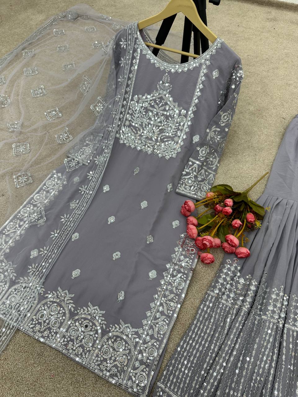 Fabulous Grey Color Work Sharara Suit