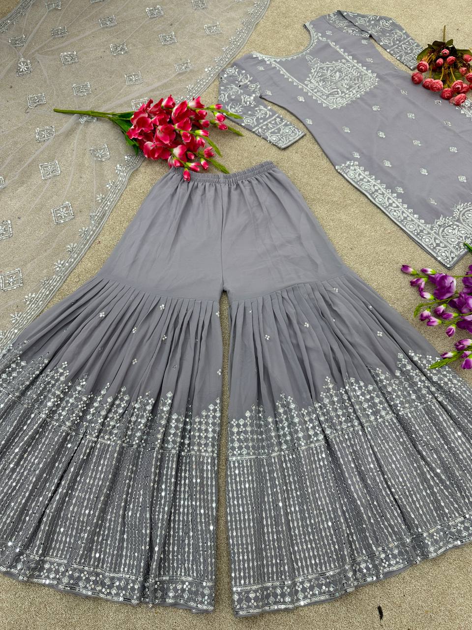 Fabulous Grey Color Work Sharara Suit