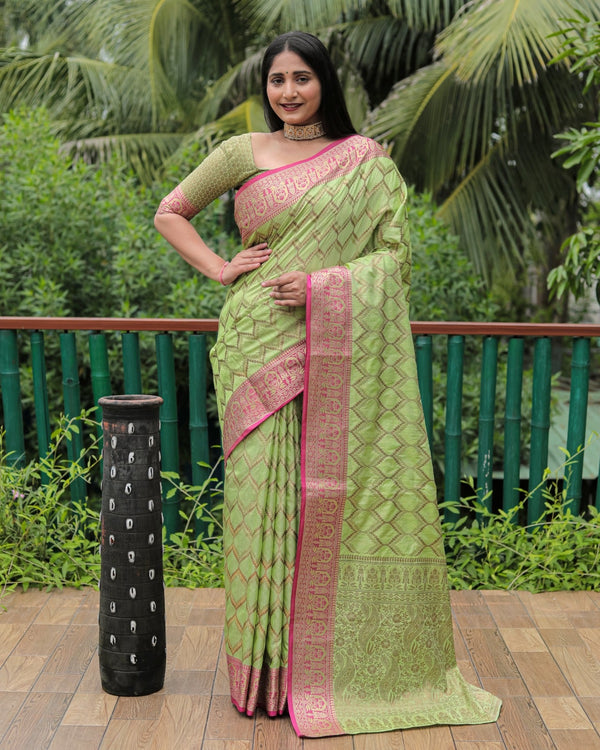 Pista Color Banarasi Saree With Rich Border