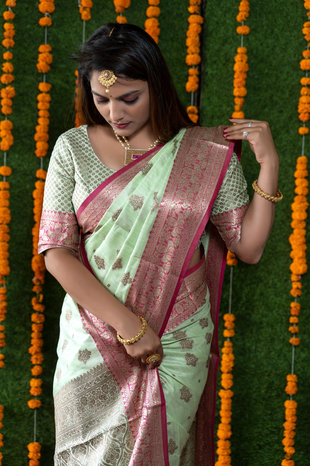 Pista Color Rich Pallu And Border Banarasi Saree
