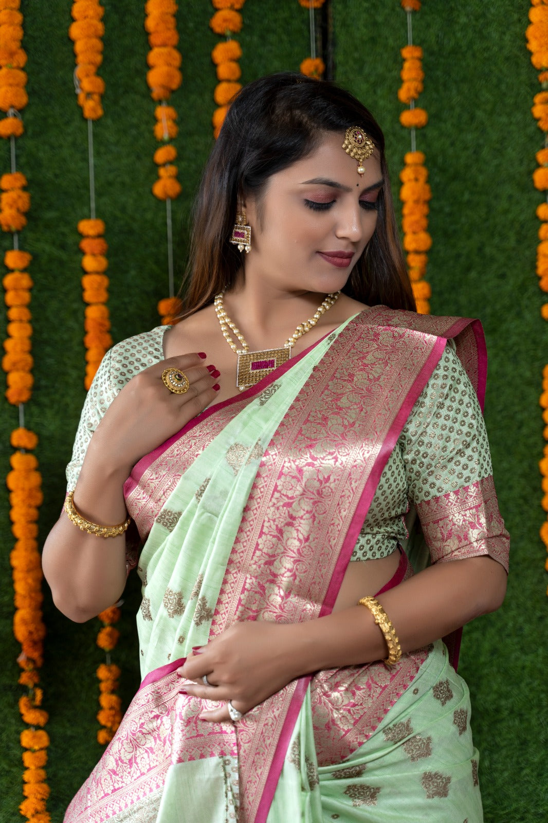 Pista Color Rich Pallu And Border Banarasi Saree