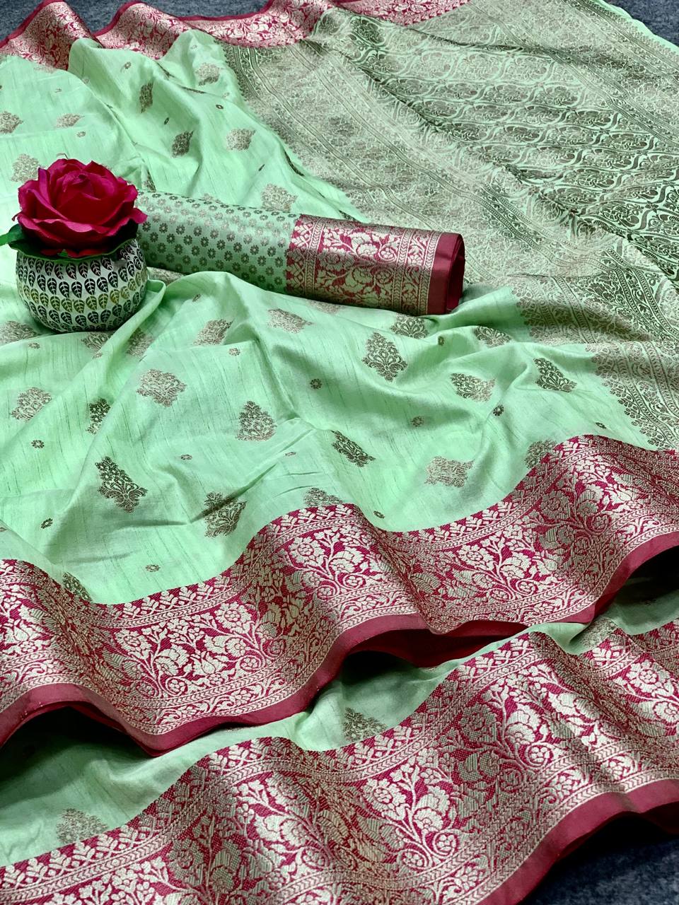 Pista Color Rich Pallu And Border Banarasi Saree