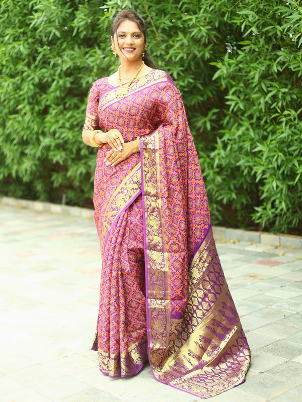 Beautiful Pink With Purple Ajrakh Zari Weaving Saree