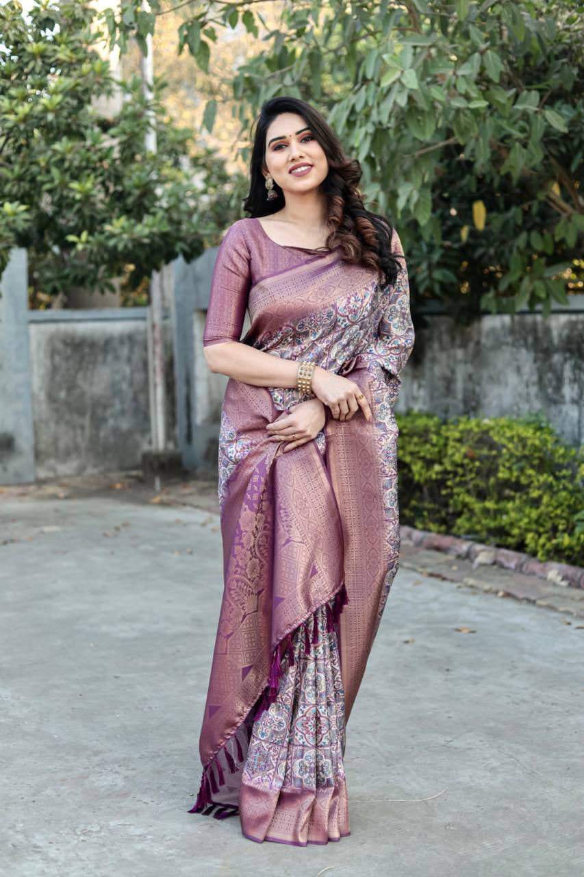 Rich Golden Weaving Print Purple Color Banarasi Saree