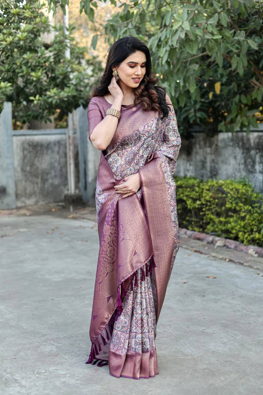 Rich Golden Weaving Print Purple Color Banarasi Saree