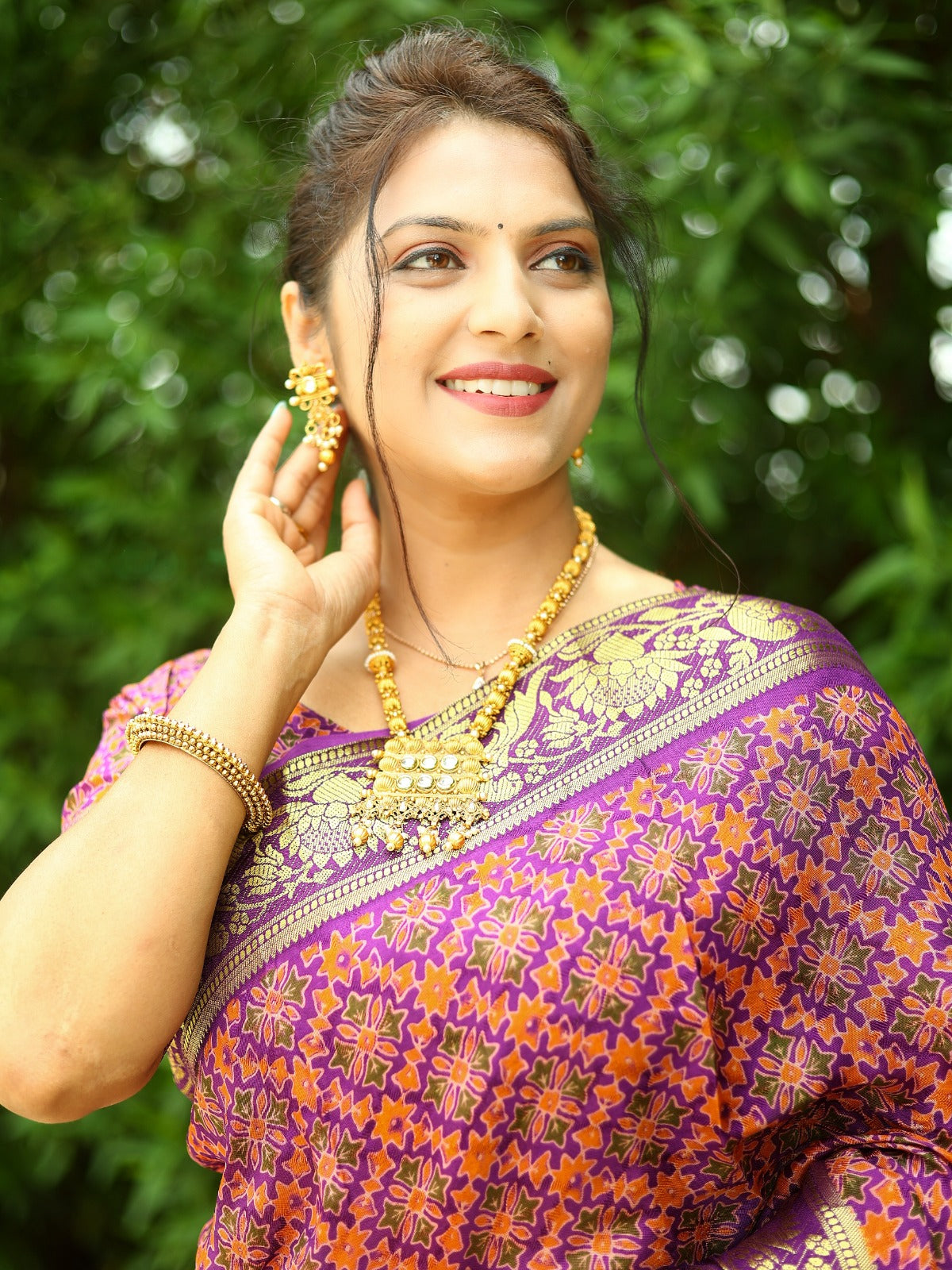 Beautiful Pink With Purple Ajrakh Zari Weaving Saree