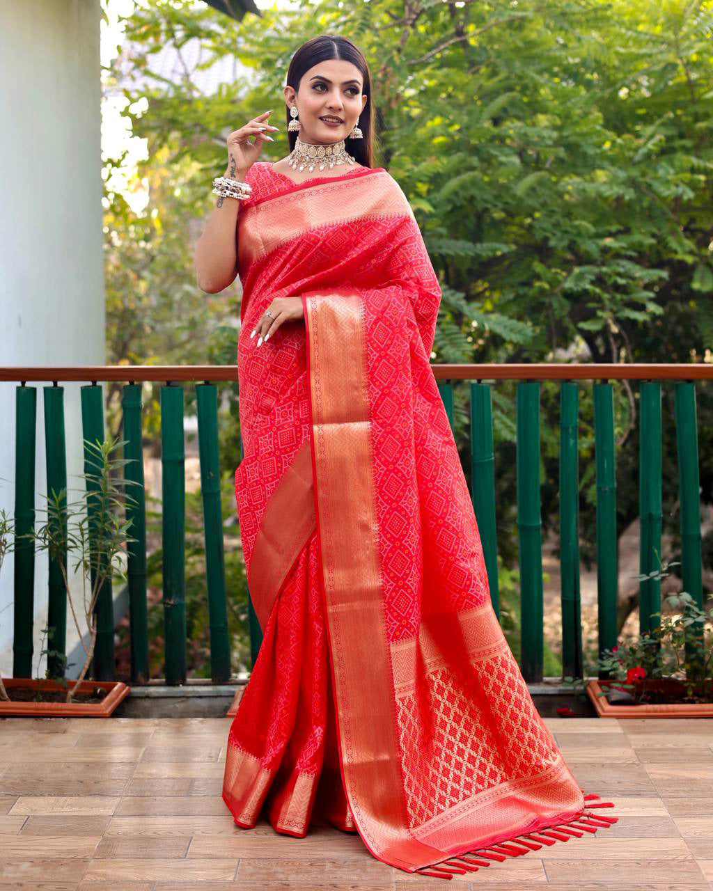Red Color Bandini Patola Design Saree