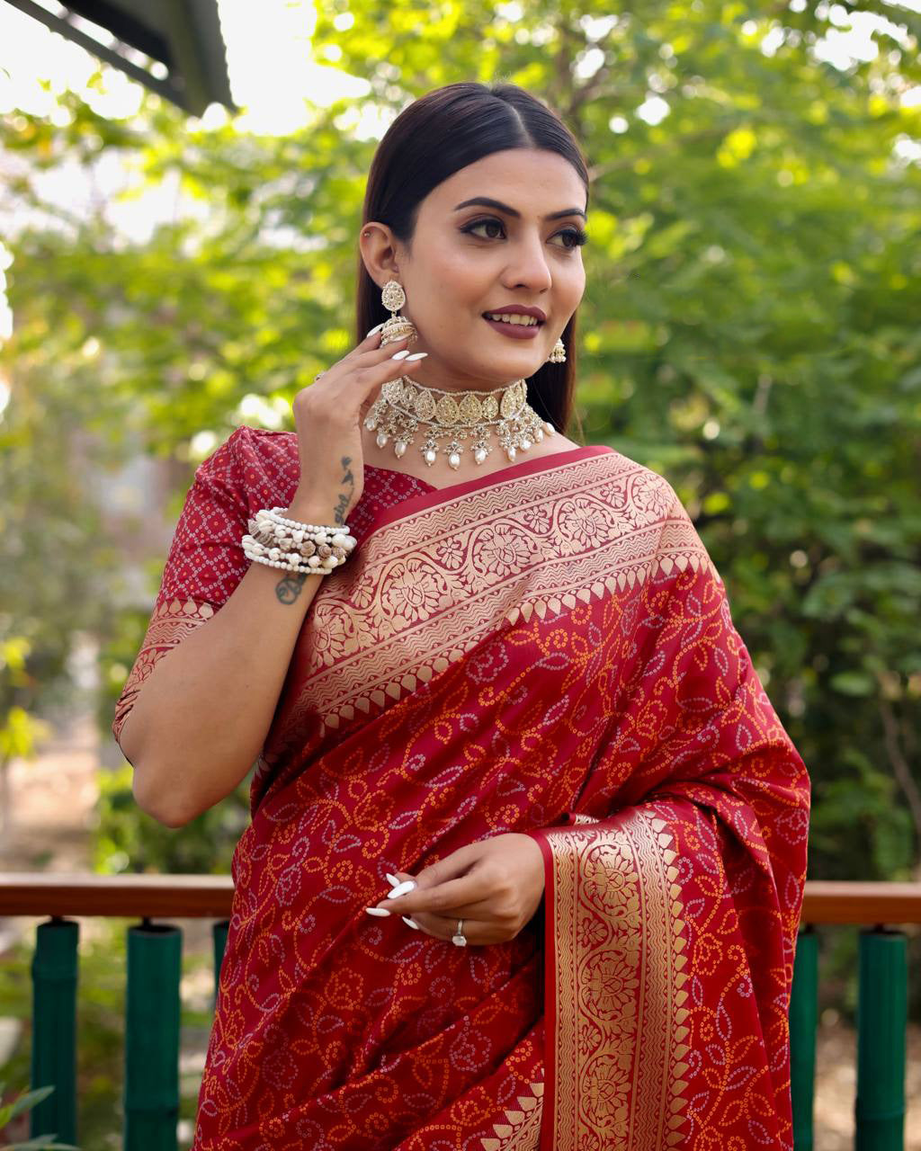 Bandhej Designed Zari Patola Weaving Red Saree