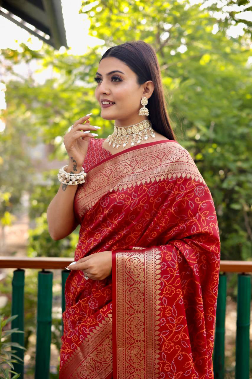 Bandhej Designed Zari Patola Weaving Red Saree