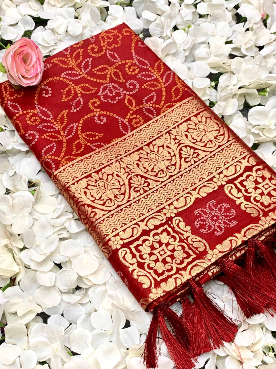 Bandhej Designed Zari Patola Weaving Red Saree