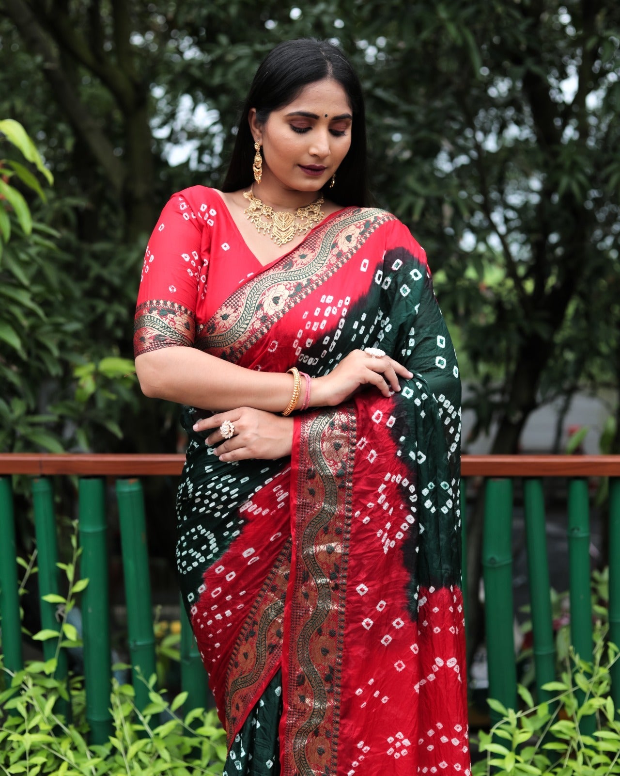 Bandhej With Zari Weaving Border Green And Red Saree