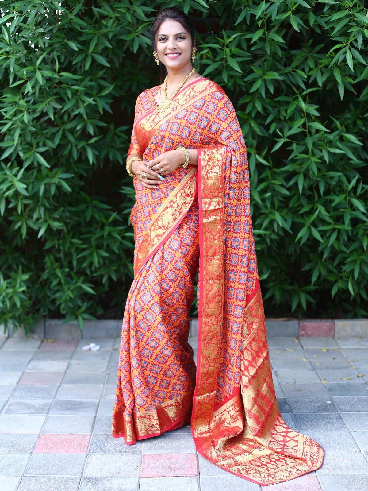 Beautiful Blue With Red Ajrakh Zari Weaving Saree