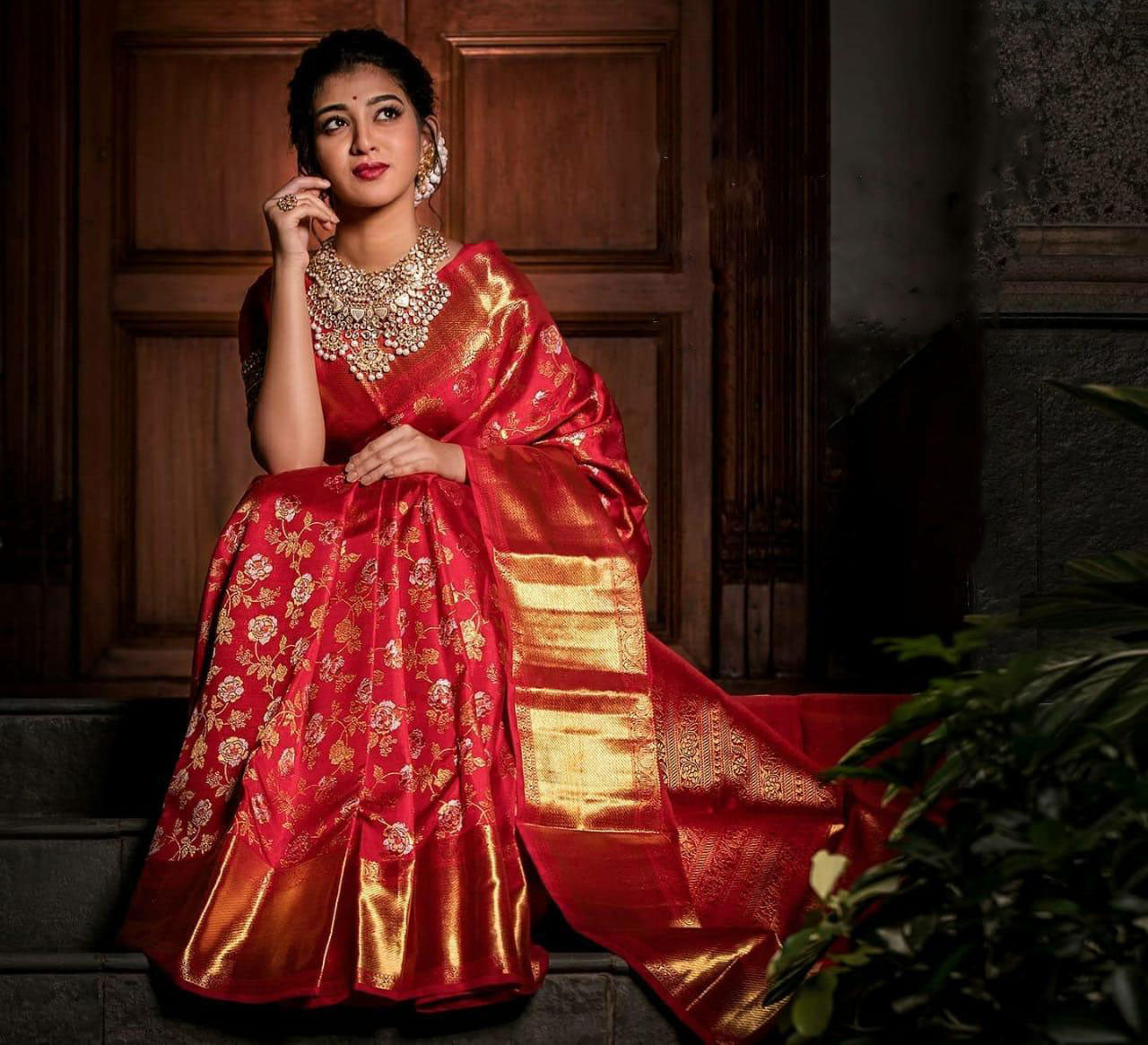 Alluring Red Color Flower Design Saree