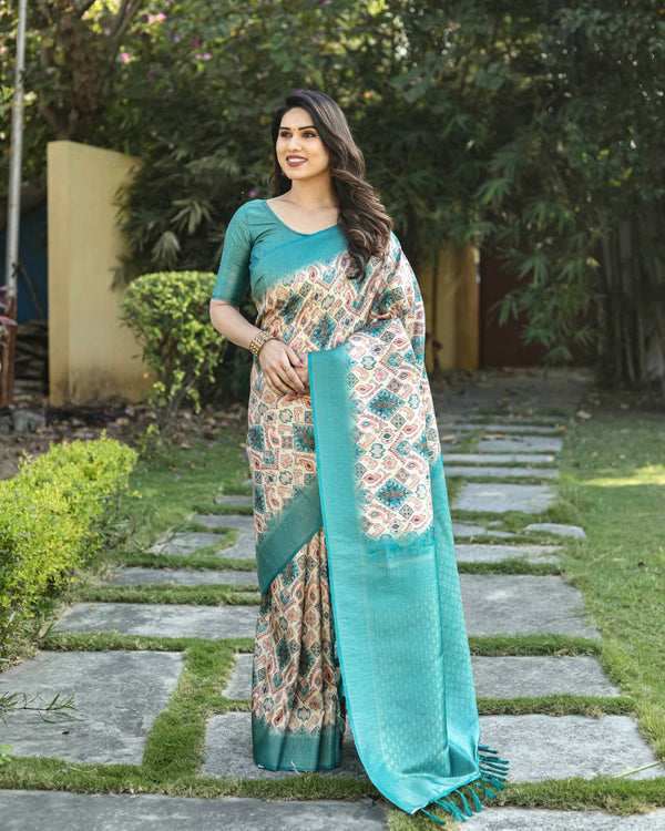 Digital Print With Golden Weaving Sky Blue Banarasi Saree
