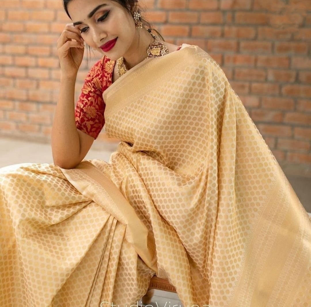 Awesome Cream Color Soft Banarasi Silk Saree