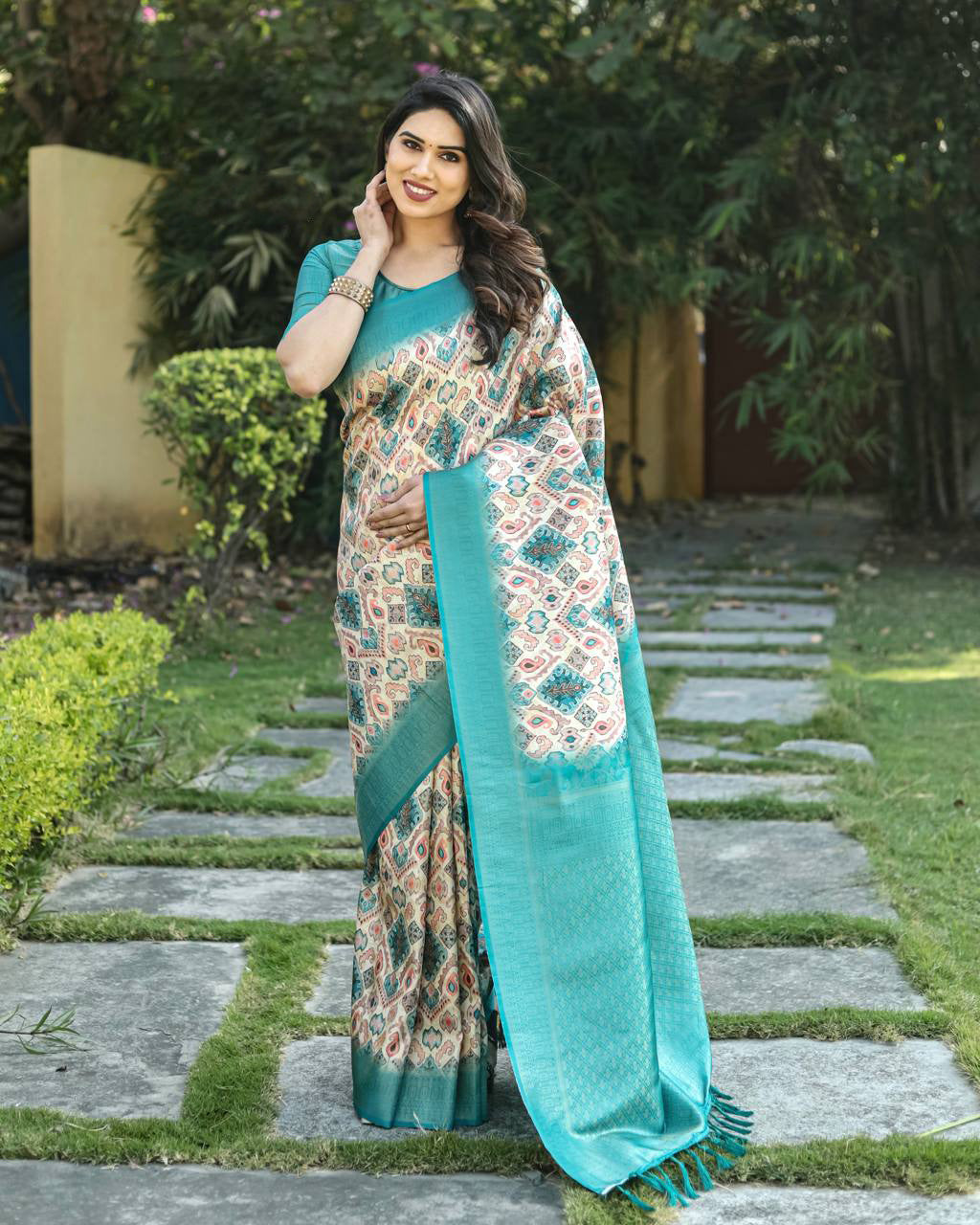 Digital Print With Golden Weaving Sky Blue Banarasi Saree