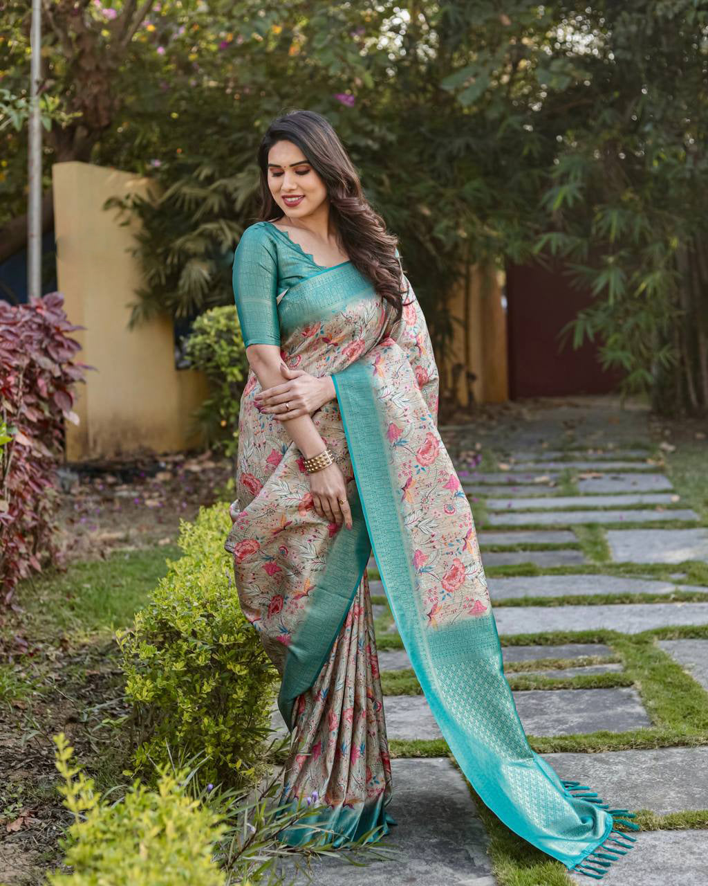 Rich Golden Weaving Print Sky Blue Color Banarasi Saree