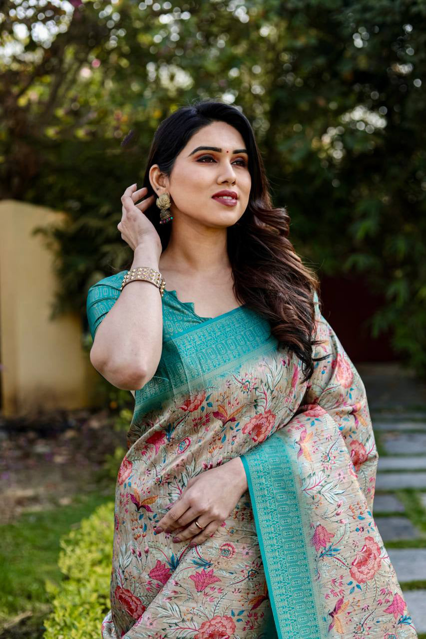 Rich Golden Weaving Print Sky Blue Color Banarasi Saree