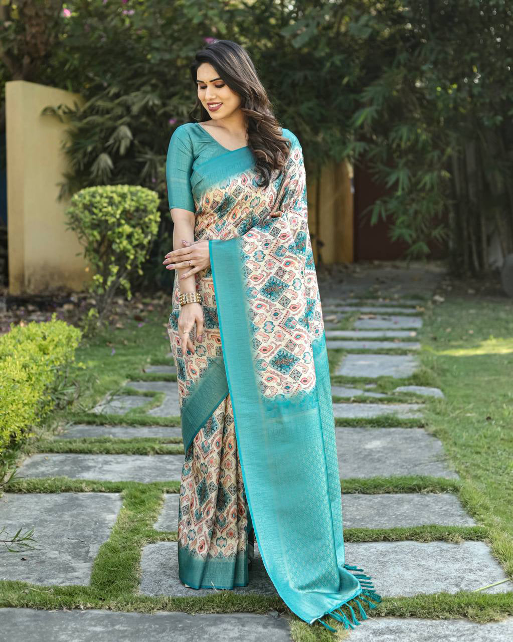 Digital Print With Golden Weaving Sky Blue Banarasi Saree