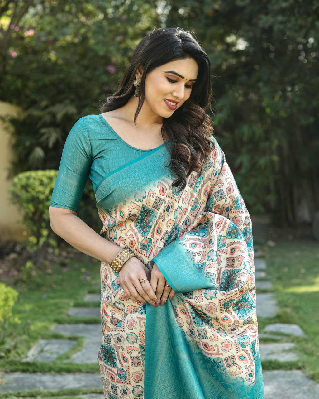 Digital Print With Golden Weaving Sky Blue Banarasi Saree