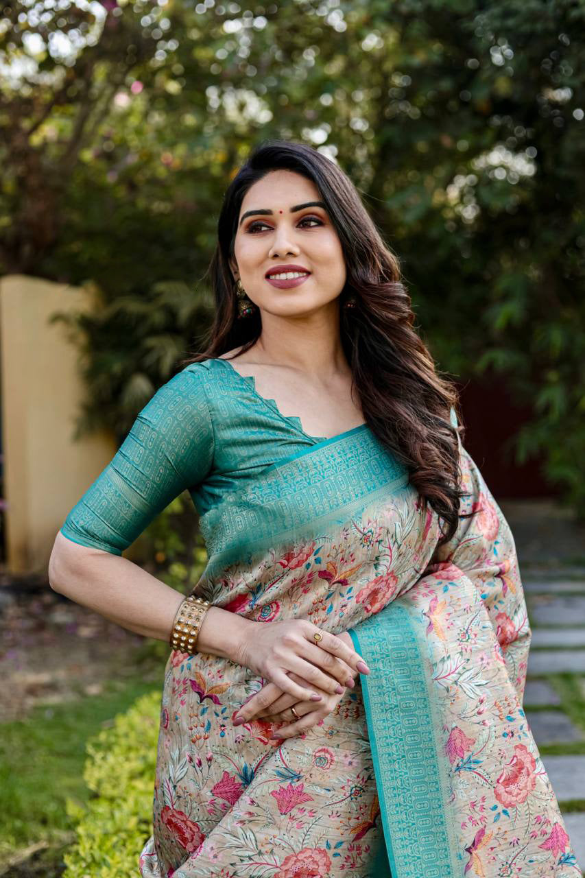 Rich Golden Weaving Print Sky Blue Color Banarasi Saree