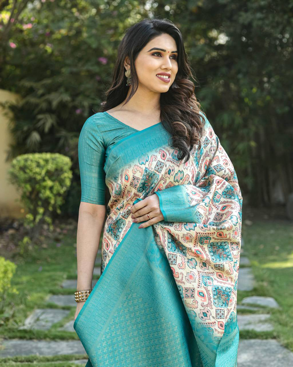 Digital Print With Golden Weaving Sky Blue Banarasi Saree