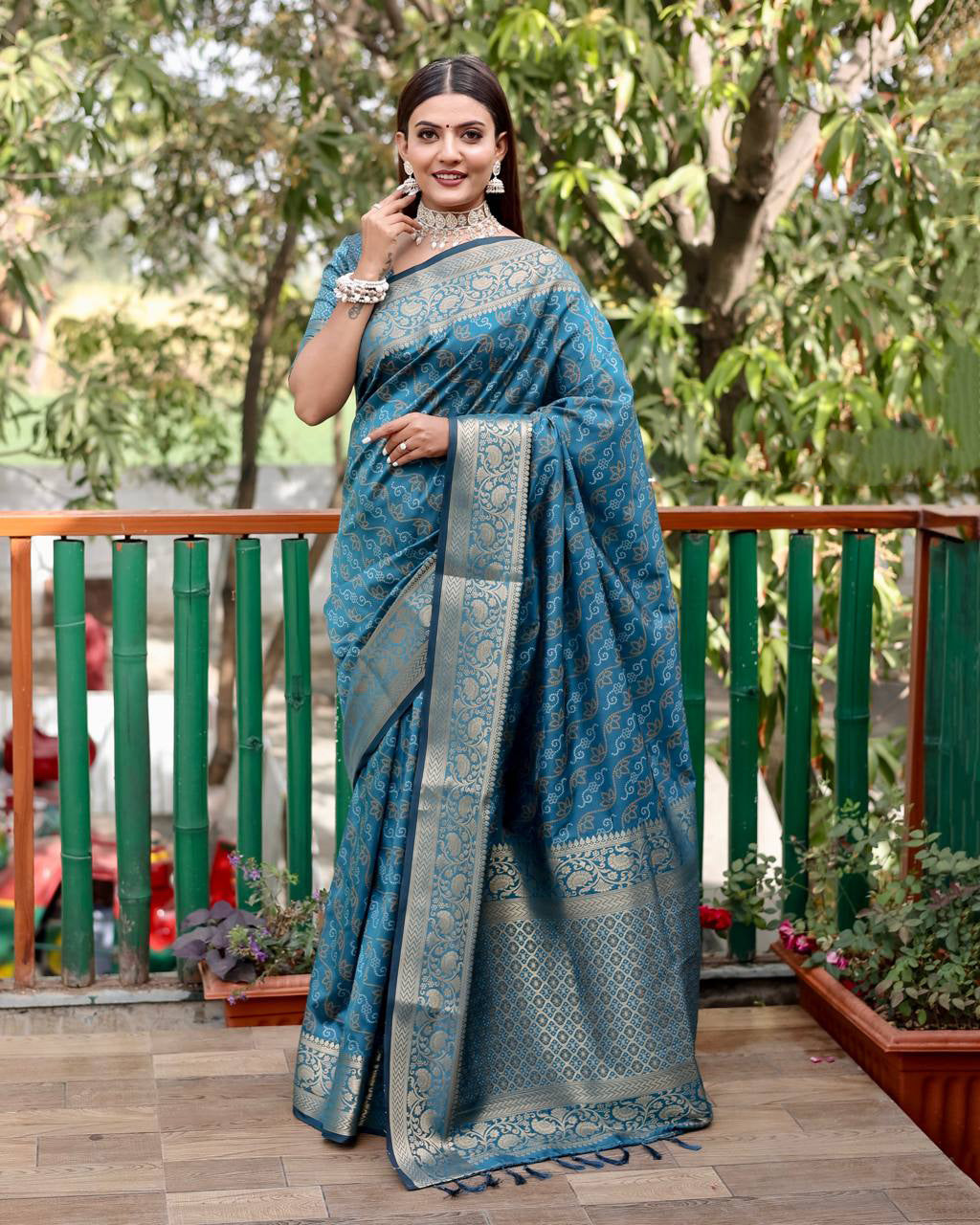 Teal Blue Color Bandhani Design Patola Silk Saree