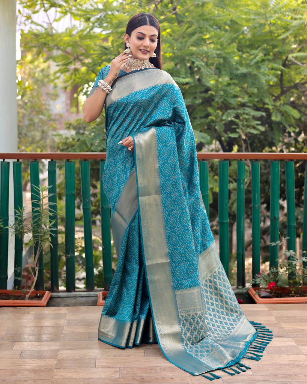 Teal Blue Color Bandini Patola Design Saree