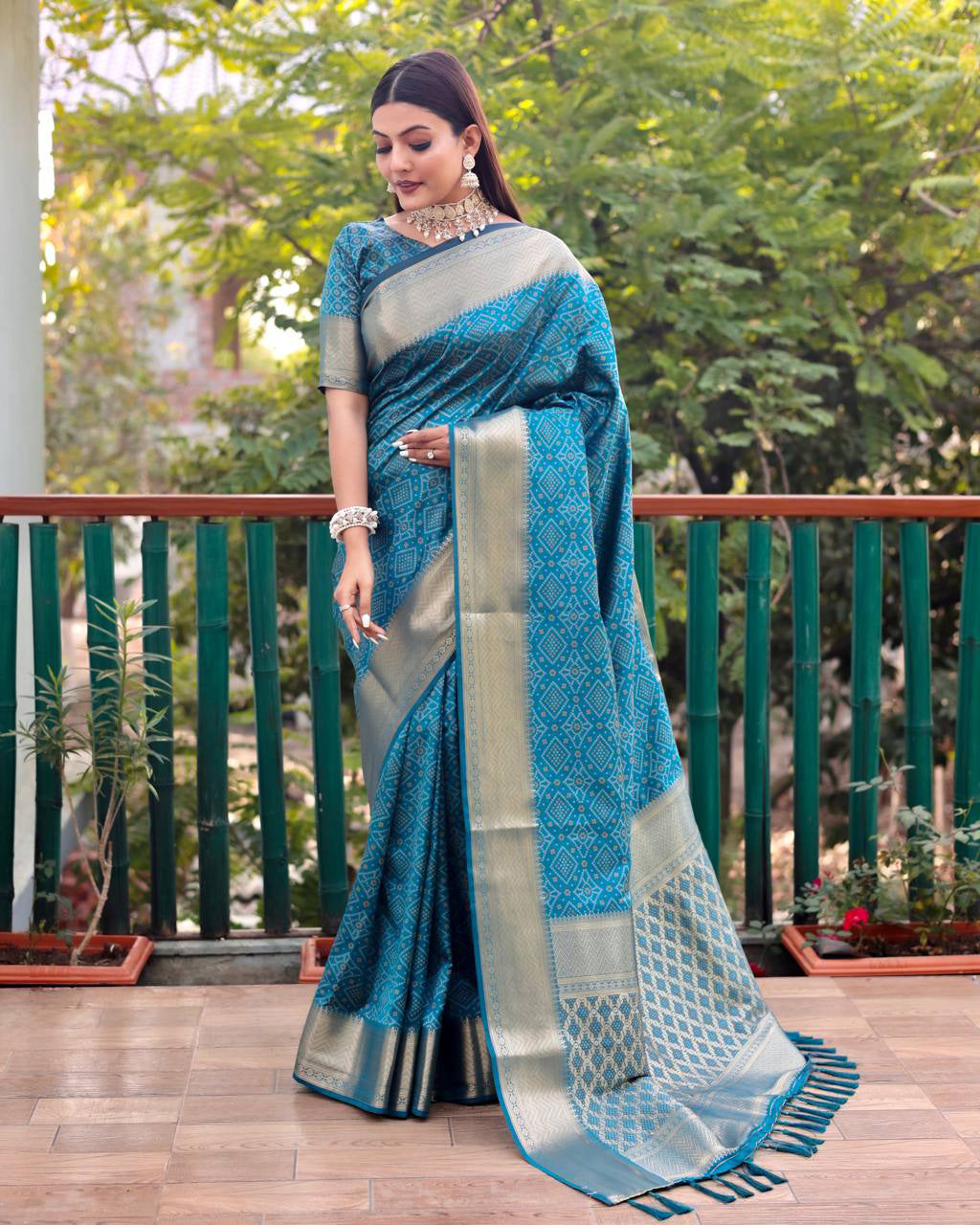Teal Blue Color Bandini Patola Design Saree