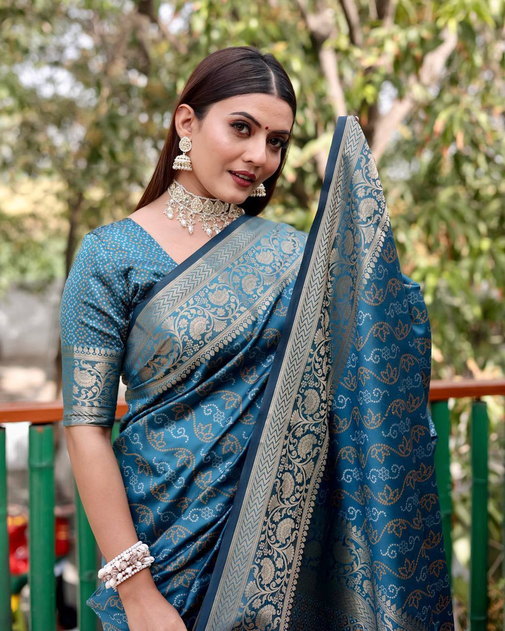 Teal Blue Color Bandhani Design Patola Silk Saree