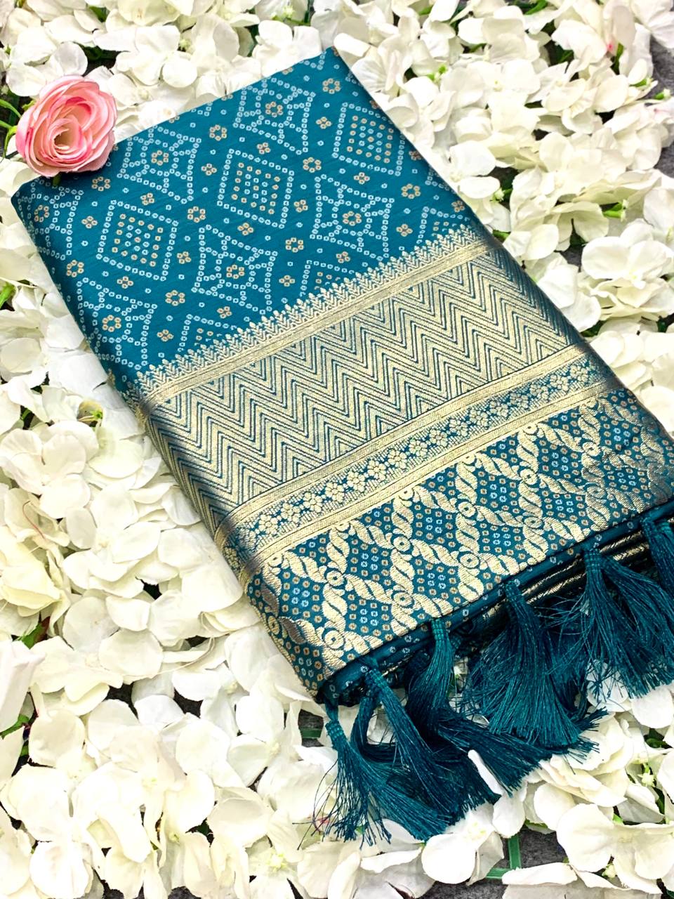 Teal Blue Color Bandini Patola Design Saree