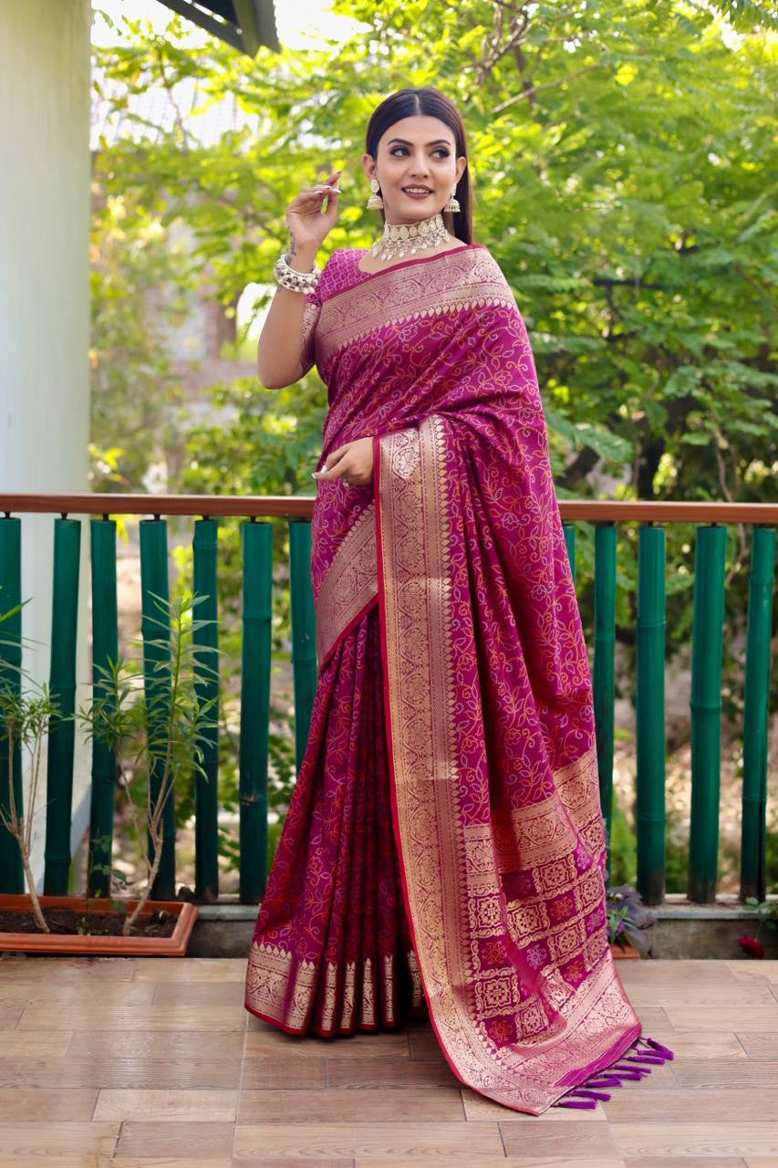 Bandhej Designed Zari Patola Weaving Wine Saree
